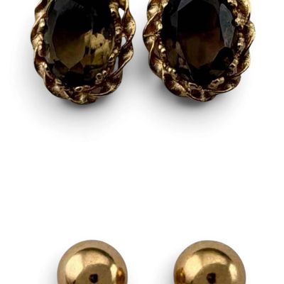 Two Pairs 14K Gold Ball & Smokey Topaz Earrings