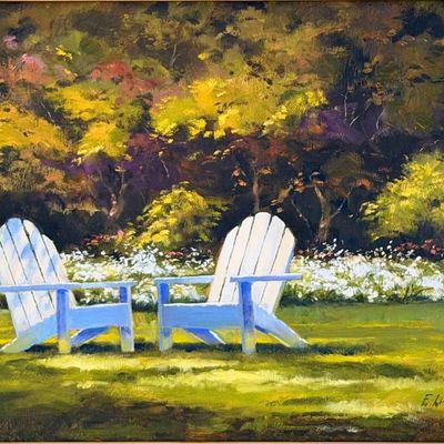 Ed Lucey (California, Contemporary), Relax, Landscape With Adirondack Chairs, Oil On Canvas