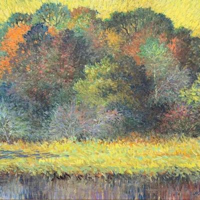 Helen Sowa (American, 1919-2011), Autumn Trees, Oil On Board
