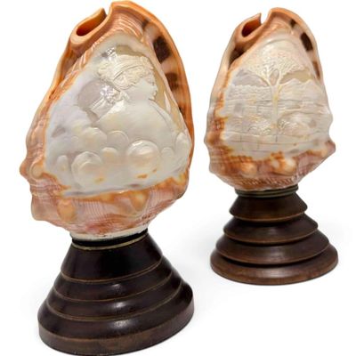 Two Cameo Carved Shell Lamps