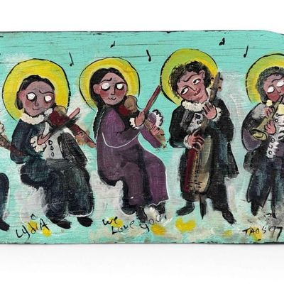 Lydia Garcia (Taos, NM, 1936-2023), Angelic Musicians, Painted Retablo On Wood Panel
