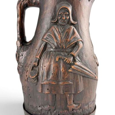 Antique Folk Art Carved Wood Figural Pitcher