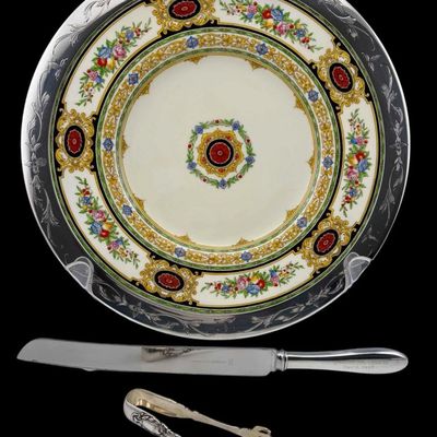 Minton Sterling Silver Rimmed Plate With Sterling Silver Sugar Tongs & Cake Knife