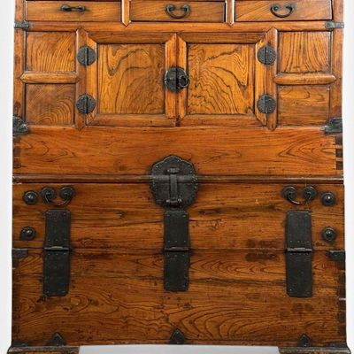 Antique Korean Iron Mounted Bandaji Chest