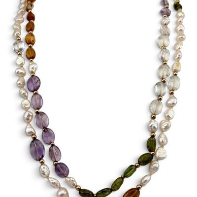 14K Gold Beaded Multi-Sone & Freshwater Pearl Necklace