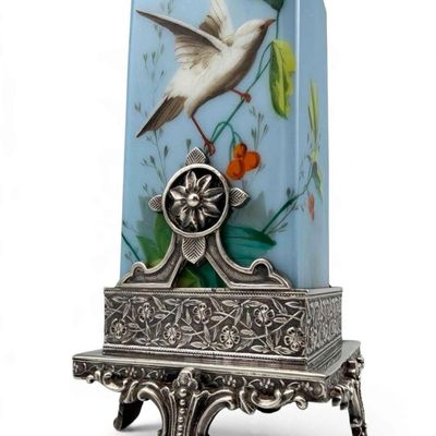 Meriden Silverplate Hand Painted Vase With Bird Motif, Late 19th-Early 20th C.