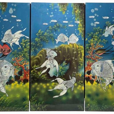 Asian Lacquered Wood Fish Panels with Mother of Pearl Inlay