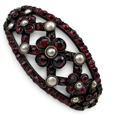 Antique Bohemian Garnet & Split Pearl Gilt Silver Bracelet