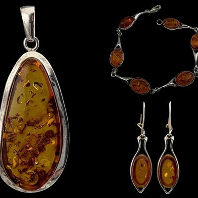 Sterling Silver Amber Pendant, Bracelet, & Earrings