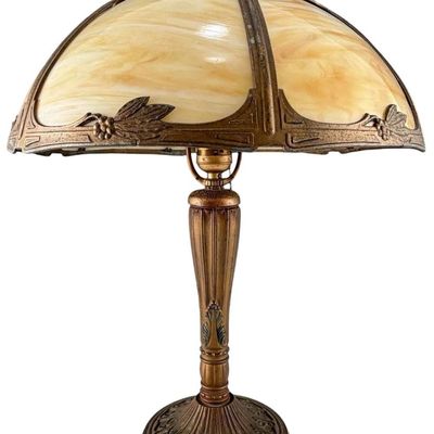 Early 20th Century Slag Glass Table Lamp With Floral Cast Metal Shade