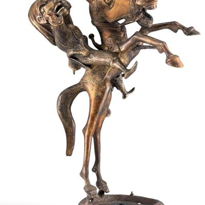 African Cast Bronze Sculpture, Horse With Rider