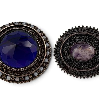 Two Near Eastern Sterling Silver Brooch Pendants, One Set With Amethyst