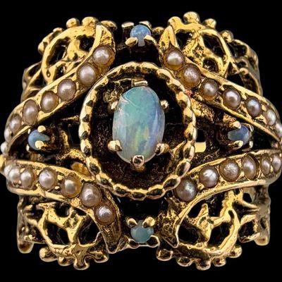 Yellow Gold Opal & Seed Pearl Ring