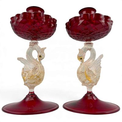 Pair of Hand Blown Murano Glass Swan Candlesticks