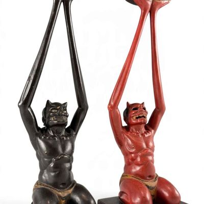 Pair Of Japanese Tenaga Style Oni Lacquered Wood Candlesticks
