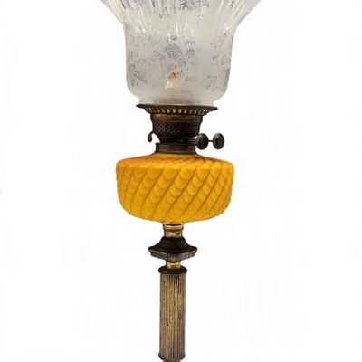 Victorian Frosted Amber Glass Oil Lamp With Butterfly Shade