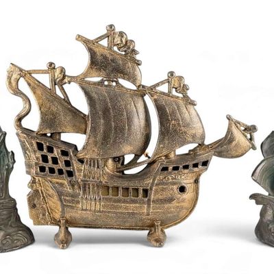 Cast Metal Ship Lamp & Bookends, Early 20th C.