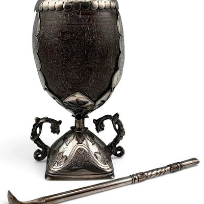 South American Silver Mounted Yerba Mate Gourd With Bombillo