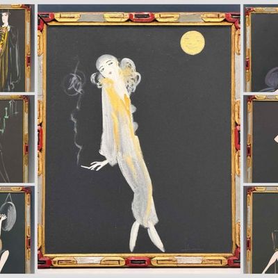 Set Of Seven Art Deco Fashion Illustrations, Gouache on Paper