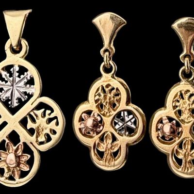 14K Tricolor Gold Four Seasons Pendant & Earrings Set
