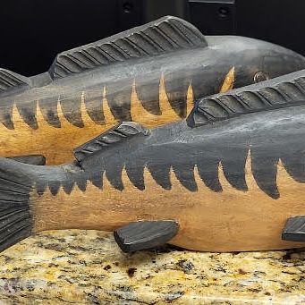 Sale Photo Thumbnail #20: vtg hand carved & decorated wood fish 2 x bid