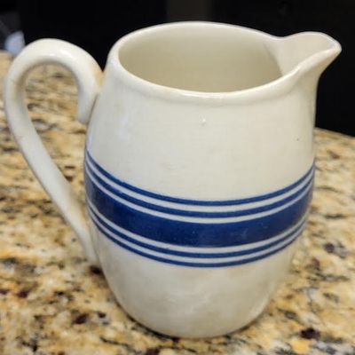Sale Photo Thumbnail #23: antique ironstone buttermilk pitcher blue stripe