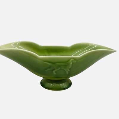 Sale Photo Thumbnail #292: 1949 Rookwood Pottery Green Oval Dog Bowl on Pedestal