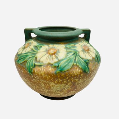 Sale Photo Thumbnail #229: Vintage Roseville Pottery Double Handled Jardiniere Dahlrose