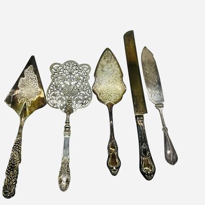 Sale Photo Thumbnail #49: Lot Of 3 Silverplate / Silver Over Brass Pie Servers + 2 Knives
