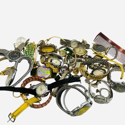 Sale Photo Thumbnail #154: Lot Misc Watches Jewelry Badges Rings + More
