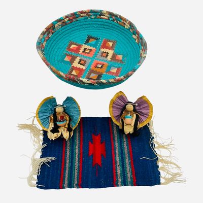 Sale Photo Thumbnail #178: Hand Woven Basket, Artesanias Gultex & 2 Navajo Yucca Ornaments