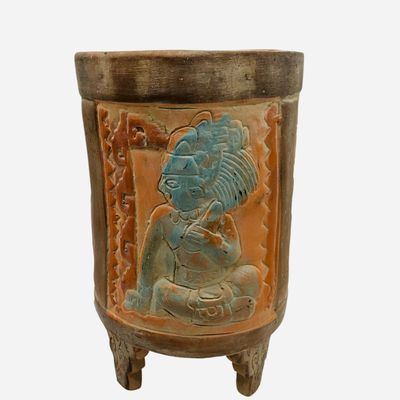 Sale Photo Thumbnail #255: Maya Relief Carved Clay Pottery Tripod Cylinder Vessel