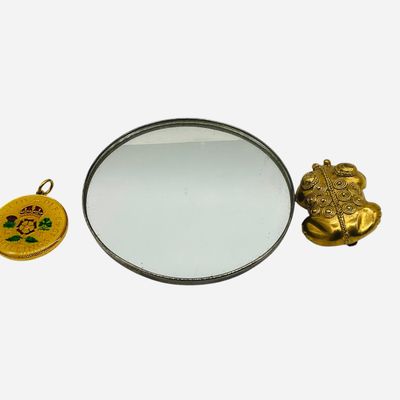 Sale Photo Thumbnail #92: Compact Sterling Mirror + Frog Brooch + 2 Shilling Pendant