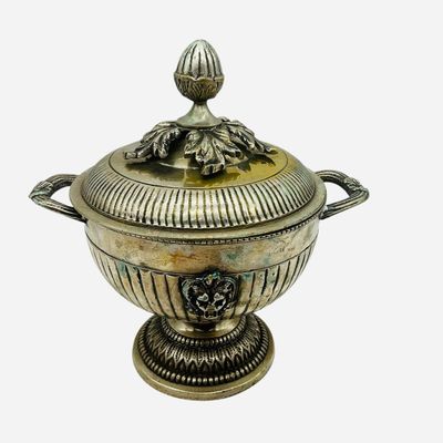 Sale Photo Thumbnail #48: Vintage Silver Over Brass Urn Pedestal Lions Head