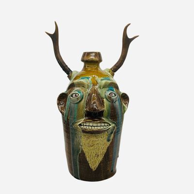 Sale Photo Thumbnail #204: Large Randy Tobias Folk Art Face Jug With Antlers