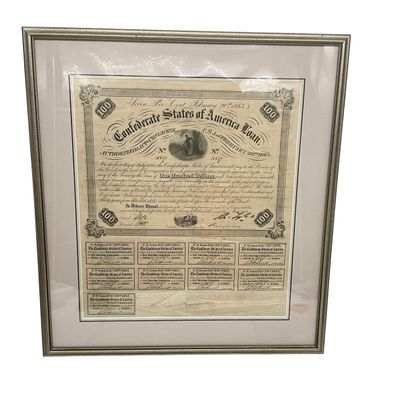 Sale Photo Thumbnail #22: Framed 1863 Confederate States of America $100 War Bond Certificate