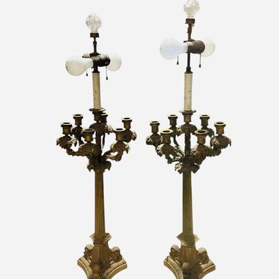 Sale Photo Thumbnail #299: Pair Antique French Empire Style Brass Candelabra Table Lamps