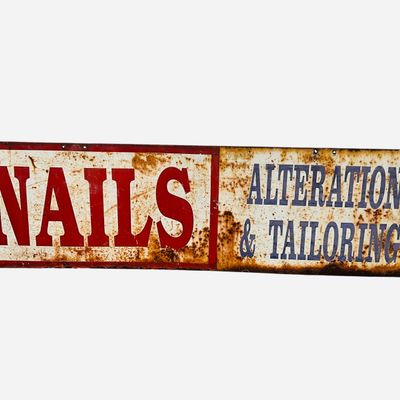 Sale Photo Thumbnail #267: Vintage Nails Alteration & Tailoring Trade Sign Double Sided 5 Foot +