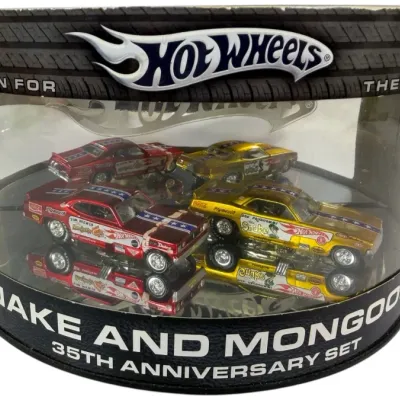 Sale Photo Thumbnail #79: Hot Wheels Snake and Mongoose 35th Anniversary set featuring four die-cast cars in a display tub, in original packaging.