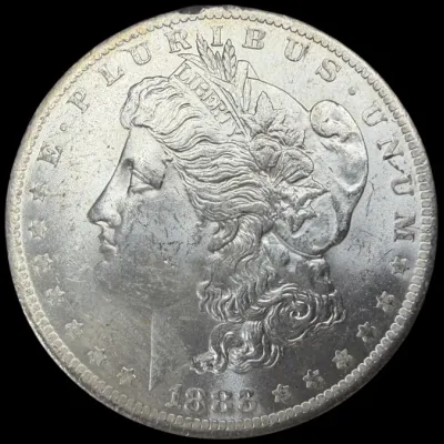 Sale Photo Thumbnail #21: 1883 Morgan silver dollar showing the obverse profile of Liberty with slight surface wear and contact marks.