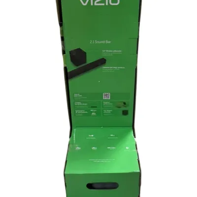 Sale Photo Thumbnail #179: Vizio 2.1 Sound Bar system in original green cardboard packaging with a wireless subwoofer.