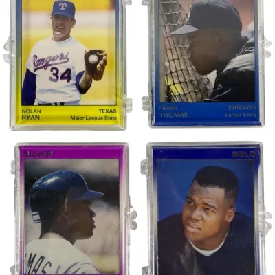 Sale Photo Thumbnail #8: Set of four 1990s baseball cards in protective clear hard cases, including Nolan Ryan Platinum, Frank Thomas Platinum, Frank Thomas Silver, and Frank Thomas Gold.