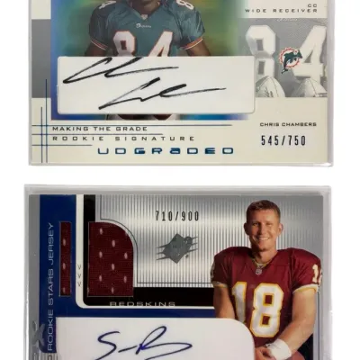 Sale Photo Thumbnail #20: Two 2001 Upper Deck autographed rookie trading cards featuring Miami Dolphins wide receiver Chris Chambers (#545/750) and Washington Redskins quarterback Sage Rosenfels (#710/900) with jersey patch.