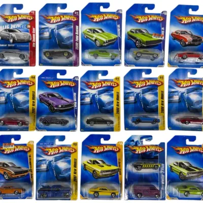 Sale Photo Thumbnail #177: Collection of 15 Hot Wheels die-cast vehicles in original blister card packaging, featuring various muscle cars, Ford, and Plymouth models from the late 2000s.