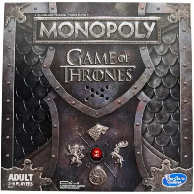 Sale Photo Thumbnail #87: Monopoly Game of Thrones collector's edition board game by Hasbro Gaming, featuring an electronic music mechanism and metallic design artwork.