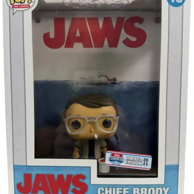Sale Photo Thumbnail #90: Funko Pop! VHS Covers #18 Chief Brody vinyl figure from Jaws, featured in a hard protective display case. Includes a 2023 Fun on the Run limited edition sticker on the box.