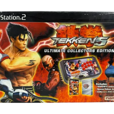 Sale Photo Thumbnail #108: Boxed PlayStation 2 Tekken 5 Ultimate Collector's Edition, featuring an included arcade stick stick, software, and DVD case.