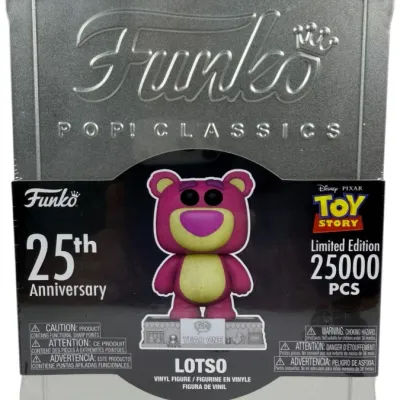 Sale Photo Thumbnail #183: Funko Pop! Classics 25th Anniversary Lotso vinyl figure from Disney Pixar's Toy Story in a limited edition embossed silver tin box, numbered out of 25,000.