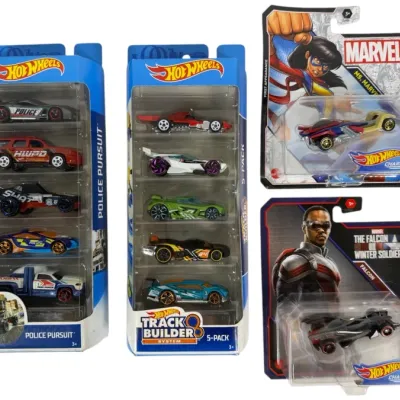 Sale Photo Thumbnail #170: Collection of unopened Hot Wheels die-cast cars in original packaging, including Police Pursuit and Track Builder 5-packs alongside Ms. Marvel and Falcon character cars.