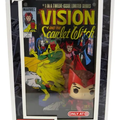 Sale Photo Thumbnail #99: Funko Pop! Comic Covers #01 Marvel Scarlet Witch figure in original box featuring The Vision and the Scarlet Witch #1 cover background, Target exclusive release.